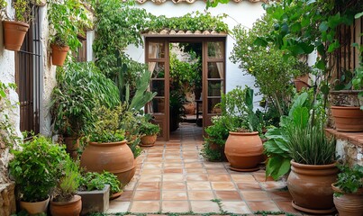 Fototapeta premium Terracotta Pots and Plants in a Courtyard Garden