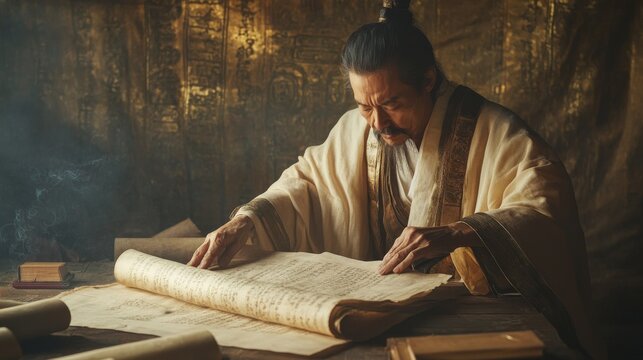 Ancient Wisdom Unveiled: An elderly Asian scholar deciphers a weathered scroll in a dimly lit study, his face etched with concentration as he unravels secrets of the past. 