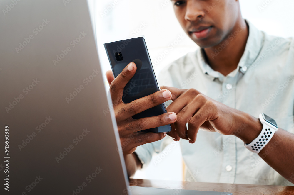 Poster hands, phone and businessman in office, startup and reading with notification, chat or mobile app. p