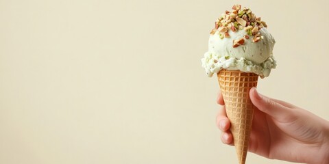 Pistachio Ice Cream Cone with Almonds
