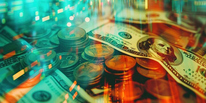 Dynamic financial markets concept, glowing lights, coins, and cu - Powered by Adobe