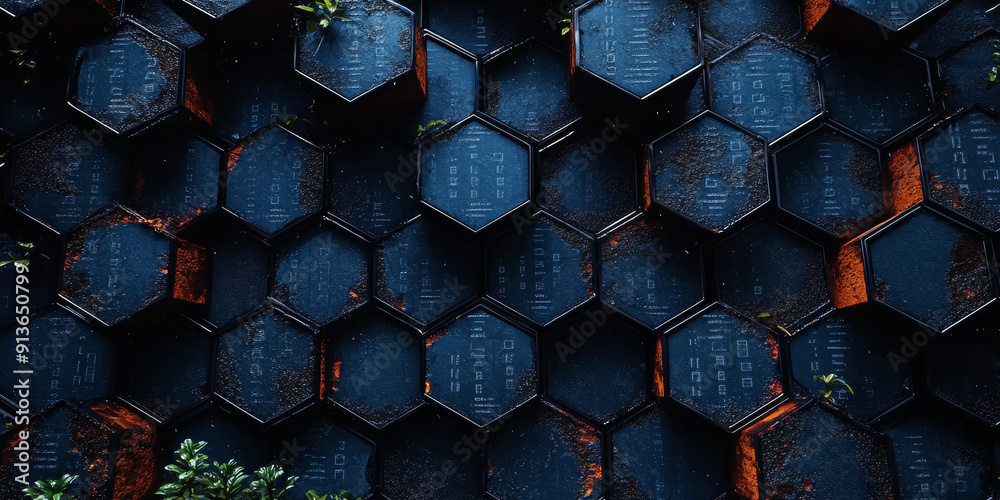 Wall mural creative blue hexagonal background with binary code. technology, design and landing page concept