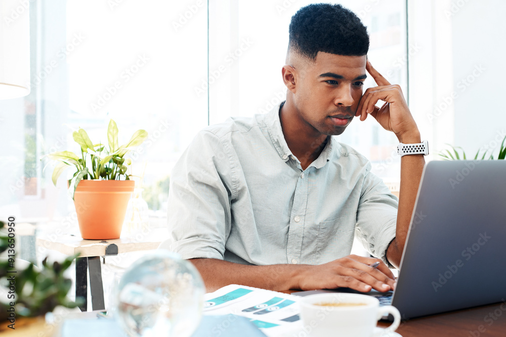 Poster African man, laptop and reading at startup with ideas, planning or problem solving in modern office. Person, writer and employee with pc, decision and solution with editing process at creative agency