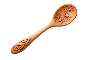 Intricately Carved Wooden Spoon Showcasing Floral Motifs Against a Soft Background on Transparent PNG Background.
