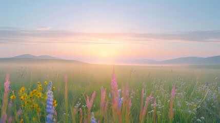 Brocken spectre forming over a misty meadow at sunrise, breathtaking and rare phenomenon, morning magic