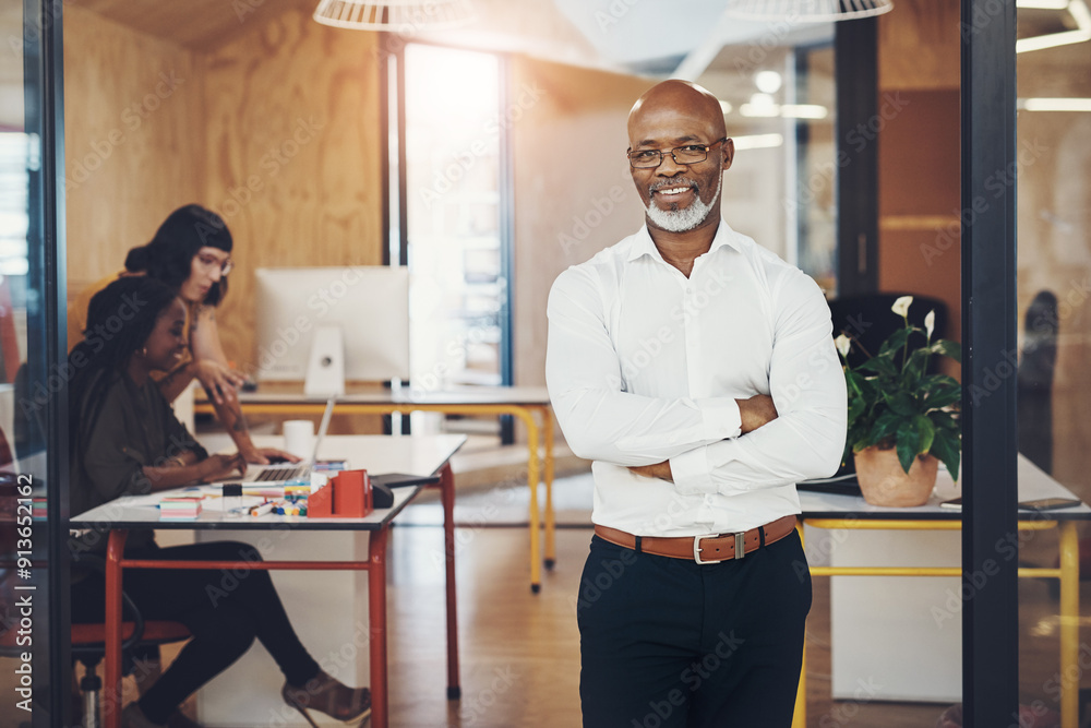 Poster Portrait, confident and mature business man in office for career, pride and leadership experience. Glasses, smile and executive boss, manager and chief creative officer with arms crossed in startup