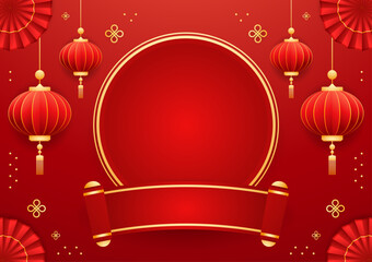 Happy Chinese new year 2025. Chinese new year banner with circle for show product. Greeting card. China frame with lantern on red background.
