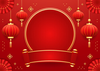 Happy Chinese new year 2025. Chinese new year banner with circle for show product. Greeting card. China frame with lantern on red background.