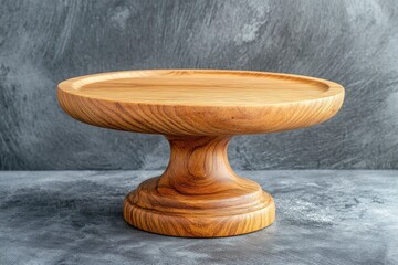 Beautiful round wooden cake stand on a textured concrete background. Kitchen utensil item with generative ai