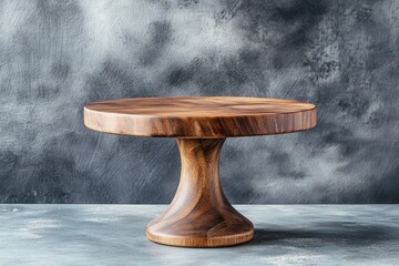 Beautiful round wooden cake stand on a textured concrete background. Kitchen utensil item with generative ai