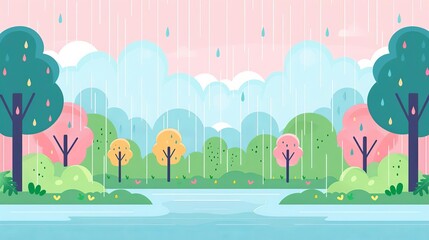 Fototapeta premium Downpour in park, puddles forming patterns, flat design illustration
