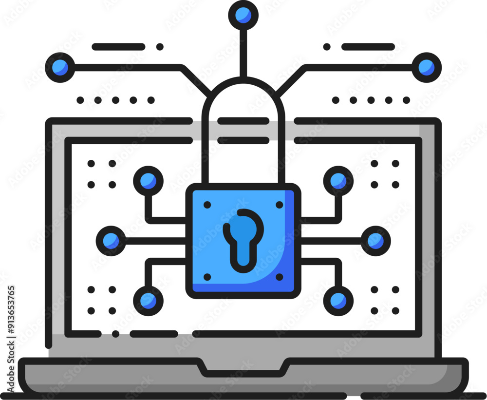 Fototapete Color hardware security line icon, vector cyber security, digital data and network technologies. Outline laptop computer isolated symbol with safety access lock on screen. Hardware protection themes