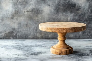 Beautiful round wooden cake stand on a textured concrete background. Kitchen utensil item with generative ai