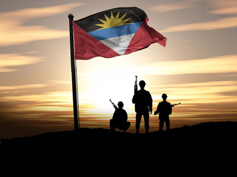 Antigua and Barbuda Independence Day, Antigua and Barbuda flag with soldiers. Photo Illustration