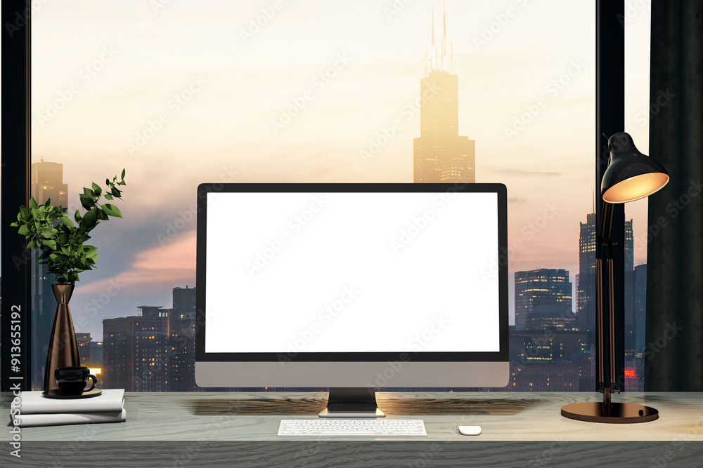 Aufkleber Clean designer office interior with empty white mock up computer screen. Panoramic window with city view background. 3D Rendering.