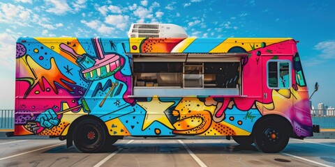 Colorful graffiti food truck parked on asphalt.