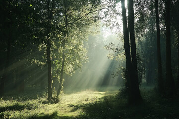 Fototapeta premium A serene and tranquil morning in the lush green forest with sunlight streaming through the trees, creating a peaceful and calming atmosphere.