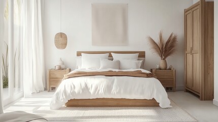 Minimalist Bedroom with White Bedding, Wooden Furniture, and Dried Flowers