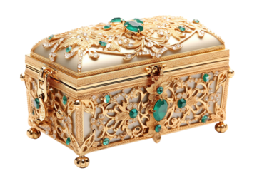 Exquisite Ornate Jewelry Box Adorned With Colorful Gems and Intricate Gold Filigree Detailing on Transparent PNG Background.