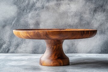 Beautiful round wooden cake stand on a textured concrete background. Kitchen utensil item with generative ai