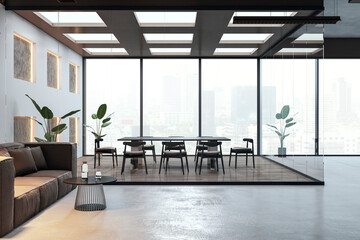 Fototapeta premium Minimalistic conference room interior with panoramic windows and city view. 3D Rendering.