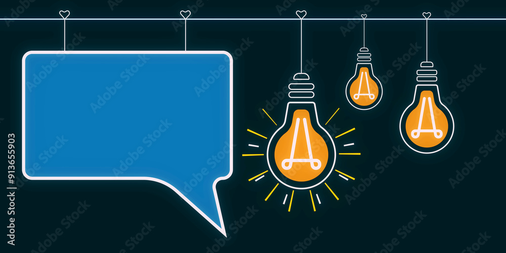 Poster Creative digital lamp and mock up speech bubble hologram on dark background with mock up place. Innovation, idea and insight concept. 3D Rendering.