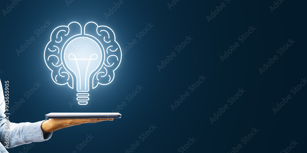 Poster close up of female hands holding cellphone with creative digital lamp hologram on dark background wi
