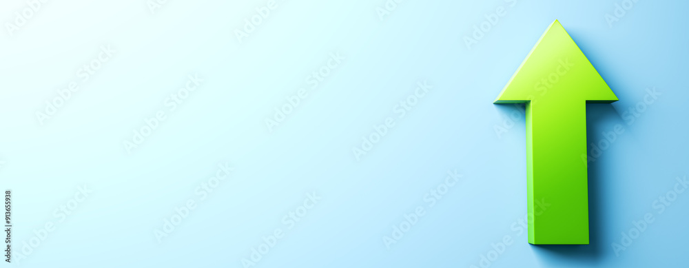 Aufkleber green arrow on wide blue backdrop with mock up place for your advertisement. direction and success, 