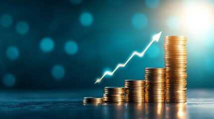 Stacks of Coins with Upward Growth Arrow
