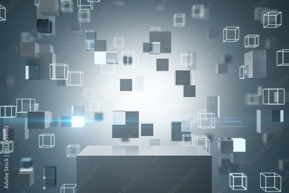 Poster creative digital gray cubes background with pedestal and mock up place. 3d rendering.