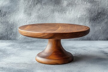 Beautiful round wooden cake stand on a textured concrete background. Kitchen utensil item with generative ai