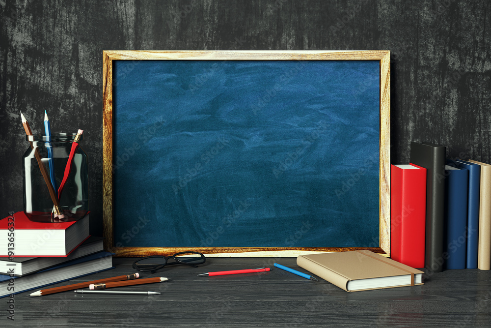 Poster creative educational supplies and empty blue mock up blackboard. back to school concept. 3d renderin