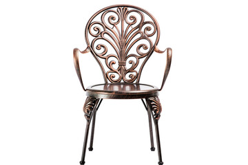Elegant Wrought Iron Chair With Intricate Design Featured in a Sunlit Café Patio on Transparent PNG Background.