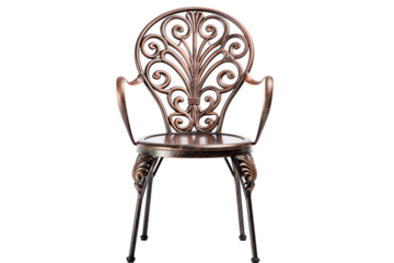 Elegant Wrought Iron Chair With Intricate Design Featured in a Sunlit Café Patio on Transparent PNG Background.