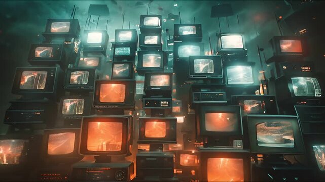 A stack of vintage televisions with flickering screens, illuminated by a blue and red glow.