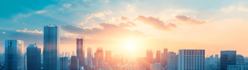 Fototapeta premium Sunrise Over Modern City Skyline