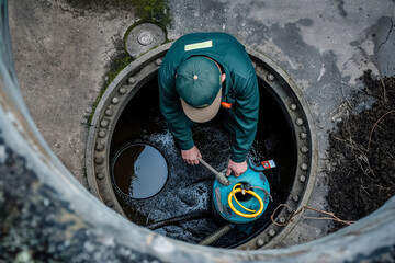 A worker can be observed inside a sewer manhole, engaged in important maintenance or inspection tasks, utilizing specialized equipment while working