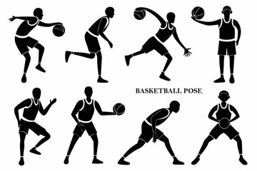 Set of silhouette basketball sport pose black and white