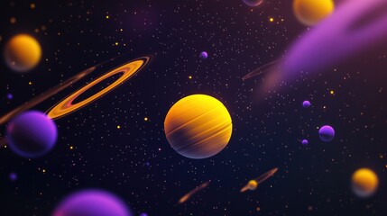 3D retro space scene with black gradient background, featuring yellow and purple planets and minimalist stars.