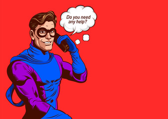 comic superhero talking on the phone, cartoon clipart, pop art manga style, speed lines texture, fast boom beam action.