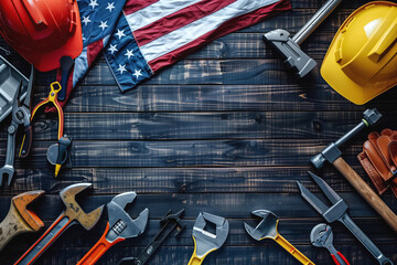 A collection of tools and safety gear representing Labor Day, showcasing pride in hard work and craftsmanship on a rustic wooden background.