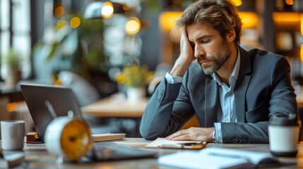Frustrated Businessman Working Late in a Cozy Café With Warm Lighting