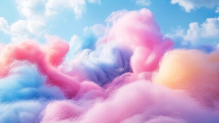 Fototapeta premium Cotton candy, fluffy clouds resembling cotton candy, rainbow-colored clouds, cozy and soft yarn texture, clouds in the sky