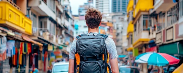 Fototapeta premium Man walking through a vibrant market street in Asia