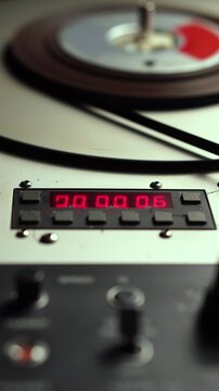 Vertical 4k, Time Counter and Spinning Audio Tape on Professional Reel to Reel Recorder Player