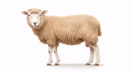 Fototapeta premium A Single Sheep: A serene and fluffy sheep stands against a white background, its soft fleece and gentle expression evoking a sense of peace and tranquility. 