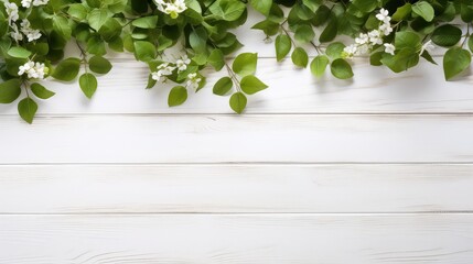 White wooden table top with spring green leafs