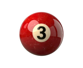 A close-up of a red billiard ball with the number three, isolated on a white background. The ball is glossy and has a slightly textured surface.