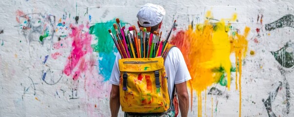Fototapeta premium Creative artist painting outdoors with vibrant color palette