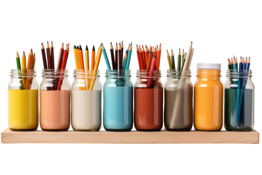 A Vibrant Collection of Art Supplies Lining a Wooden Shelf in Bright Light on Transparent PNG Background.
